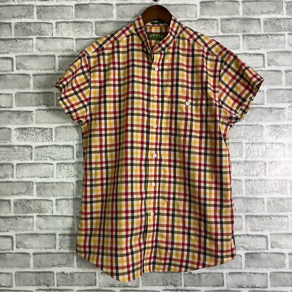 Orvis Collarless Orange Green Gingham Plaid Checked Button Up Short Sleeve Sz L - Picture 1 of 6